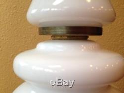 Pair Tall White Opaline MILK GLASS Table Lamps with Brass Spacers Regency MCM