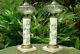 Pair Vintage Boudoir Table Lamps Candlestick Porcelain Milk Glass Roses Marble