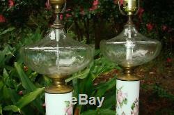 Pair VINTAGE BOUDOIR TABLE LAMPS Candlestick Porcelain Milk Glass ROSES Marble