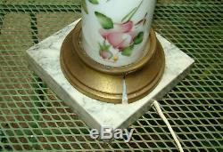 Pair VINTAGE BOUDOIR TABLE LAMPS Candlestick Porcelain Milk Glass ROSES Marble