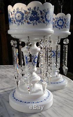 Pair Victorian White Opaline Milk Glass Mantle Lustres Hand Enamelled 13.5