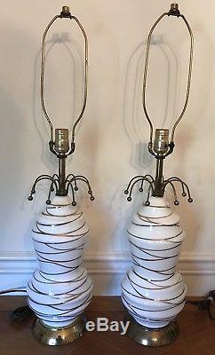Pair Vintage Mid Century Atomic White Milk Glass Gold Art Torpedo Table Lamps