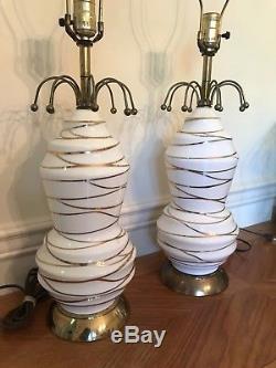 Pair Vintage Mid Century Atomic White Milk Glass Gold Art Torpedo Table Lamps
