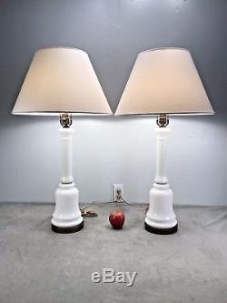 Pair Vintage Mid Century PAUL HANSON White MILK GLASS Opaline Table Lamps