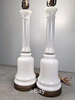 Pair Vintage Mid Century PAUL HANSON White MILK GLASS Opaline Table Lamps