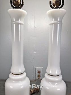 Pair Vintage Mid Century PAUL HANSON White MILK GLASS Opaline Table Lamps