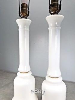 Pair Vintage Mid Century PAUL HANSON White MILK GLASS Opaline Table Lamps
