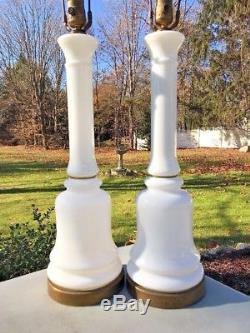 Pair Vintage Mid Century PAUL HANSON White MILK GLASS Opaline Table Lamps