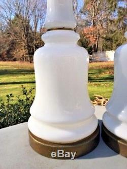 Pair Vintage Mid Century PAUL HANSON White MILK GLASS Opaline Table Lamps