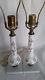 Pair Vintage Milk Glass Table Lamps Hand Painted Roses Marble Base Westmoreland