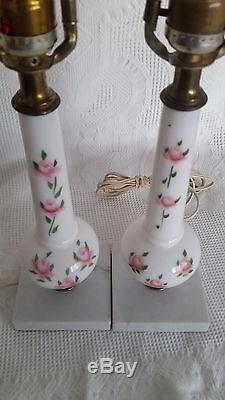 Pair Vintage Milk Glass Table Lamps Hand Painted Roses Marble Base Westmoreland