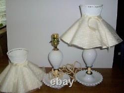 Pair White Milk Glass Hobnail Table Lamps & Shades Ivory & White Vintage 12