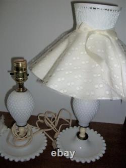 Pair White Milk Glass Hobnail Table Lamps & Shades Ivory & White Vintage 12