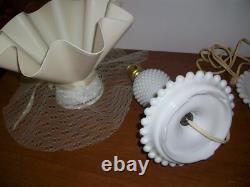 Pair White Milk Glass Hobnail Table Lamps & Shades Ivory & White Vintage 12