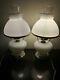 Pair Of 2 Gone With The Wind White Milk Glass Hobnail Hurricane Lamps Vintage