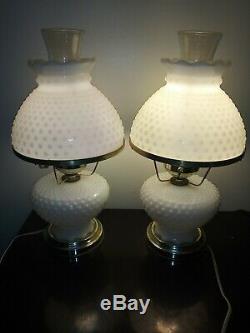 Pair of 2 Gone with the wind white milk glass hobnail hurricane lamps Vintage