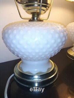 Pair of 2 Gone with the wind white milk glass hobnail hurricane lamps Vintage