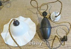 Pair of Antique Counterweight Rise and Fall Milk Glass Ceiling Pendant Lights