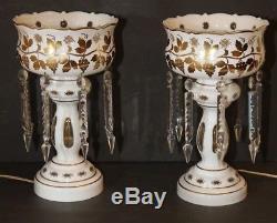 Pair of Antique Vintage White Milk Glass & Gold Hurricane Lamps Crystals