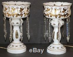Pair of Antique Vintage White Milk Glass & Gold Hurricane Lamps Crystals