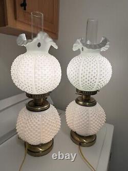 Pair of Fenton White Hobnail Milk Glass GWTW Melon 3-Way Light Lamps