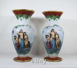 Pair of Hand Painted Nude Three Graces Milk Glass Vases Signed