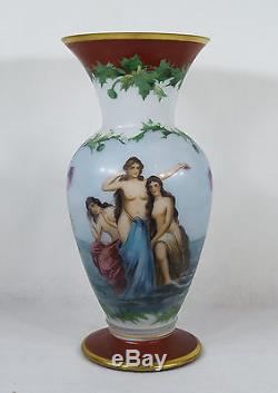 Pair of Hand Painted Nude Three Graces Milk Glass Vases Signed