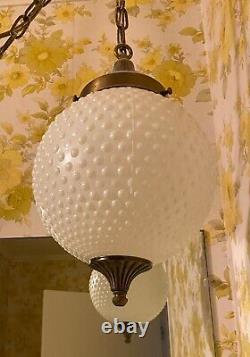 Pair of Swag Lamps Vintage Hobnail Milk Glass Orbs Ceiling Fixture