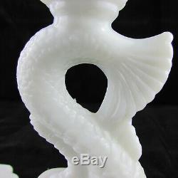 Pair of White Milk Glass Cambridge Glass Co Crown Tuscan Dolphin Candlesticks