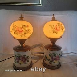 Pair of vintage lamps with milk glass and hand-painted flowers