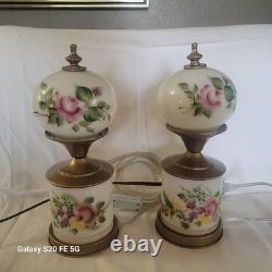Pair of vintage lamps with milk glass and hand-painted flowers