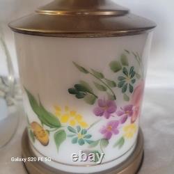 Pair of vintage lamps with milk glass and hand-painted flowers