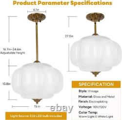Pandaluna 15in White Milk Glass Vintage Semi Flush Ceiling Brass LED Chandelier