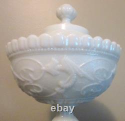 Portieux Vallerysthal Chimeres Pedestal Compote w Lid White Opaline Glass Dragon