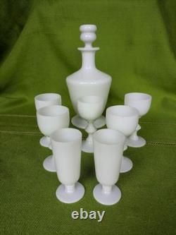 Portieux Vallerysthal White Opaline milk glass decanter & glassware set (8 pc)