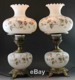 Pr Vintage Milk Glass Gone With The Wind Parlor Banquet Table Lamps with Roses