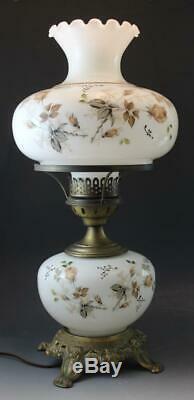 Pr Vintage Milk Glass Gone With The Wind Parlor Banquet Table Lamps with Roses