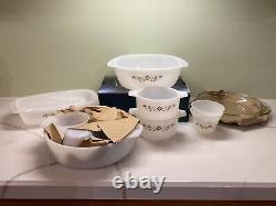 Pyr-O-Rey Brown Floral 20 Piece Bakers Casserole Set Milk Glass Mexico Dynaware