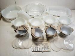 Pyr-O-Rey Brown Floral 28 Piece Bakers Casserole Set Milk Glass Mexico Dynaware