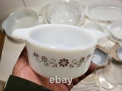 Pyr-O-Rey Brown Floral 28 Piece Bakers Casserole Set Milk Glass Mexico Dynaware