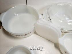 Pyr-O-Rey Brown Floral 28 Piece Bakers Casserole Set Milk Glass Mexico Dynaware