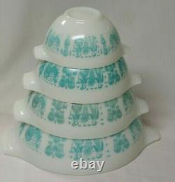 Pyrex ALL WHITE Butterprint Cinderella Mixing Bowl Set Turquoise Amish 195.95
