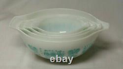 Pyrex ALL WHITE Butterprint Cinderella Mixing Bowl Set Turquoise Amish 195.95