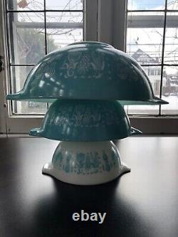 Pyrex Amish Butterprint Cinderella Nesting Mixing Bowls 441 Wht, 442 & 444 Turqu