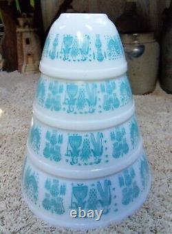 Pyrex Amish Butterprint Turquoise Aqua White Set of 4 Graduated Mixing Bowls MCM