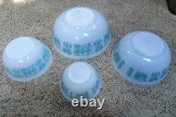 Pyrex Amish Butterprint Turquoise Aqua White Set of 4 Graduated Mixing Bowls MCM