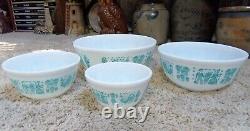 Pyrex Amish Butterprint Turquoise Aqua White Set of 4 Graduated Mixing Bowls MCM