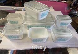 Pyrex Amish Butterprint Turquoise On White 13 pc Refrigerator Dish Set withLids