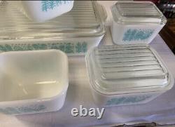 Pyrex Amish Butterprint Turquoise On White 13 pc Refrigerator Dish Set withLids
