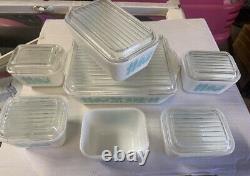 Pyrex Amish Butterprint Turquoise On White 13 pc Refrigerator Dish Set withLids